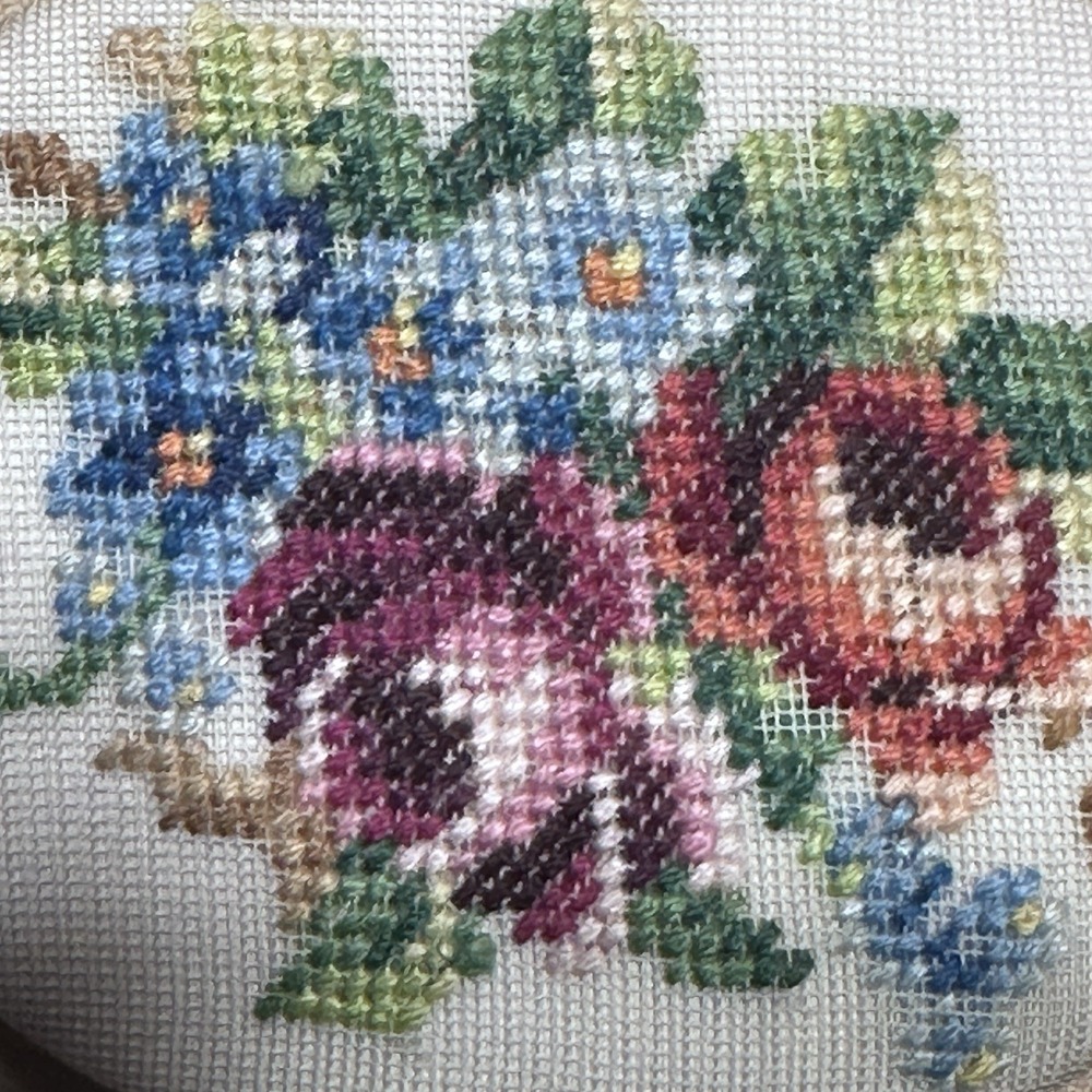 VINTAGE  FETCO‎ SILK NEEDLEPOINT ROUND JEWELRY BOX TRINKET FLOWERS HAND STITCHED